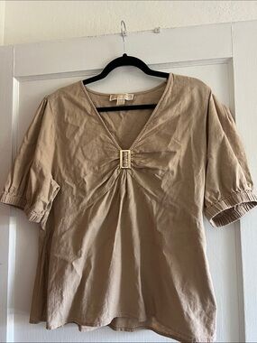 Michael Kors Beige V-Neck Top with Center Buckle